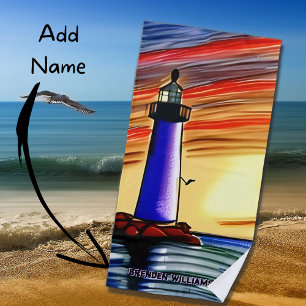 Add Name, Lighthouse at Sunset Over the Ocean Beach Towel