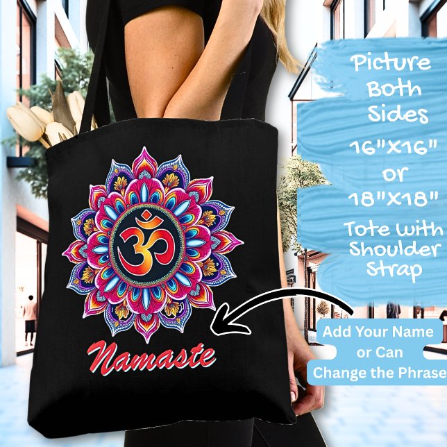 Add Name,, Mandala with OM symbol on a Black  Tote Bag (Creator Uploaded)