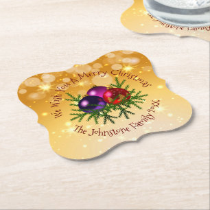 Add Name Matching Christmas on Gold Paper Coaster