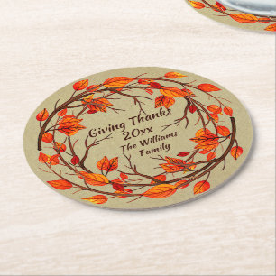 Add Name Matching Thanksgiving Autumn Round Paper Round Paper Coaster