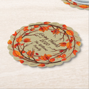Add Name Matching Thanksgiving Autumn Scalloped Paper Coaster