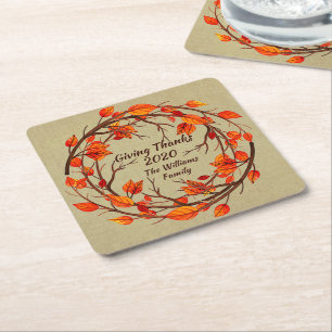 Add Name Matching Thanksgiving Autumn Square Paper Coaster