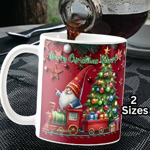Add Name, Merry Christmas Santa Gnome Steam Train  Coffee Mug