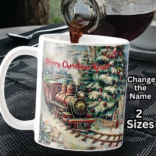 Add NAME, Merry Christmas Steam Train Engine Coffee Mug
