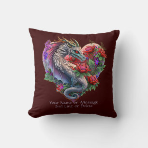 Add Name Message, Heart Dragon & Flowers, Dark Red Cushion