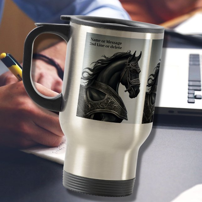 Add Name Message, Strong Black Horse with Armour Travel Mug (Creator Uploaded)