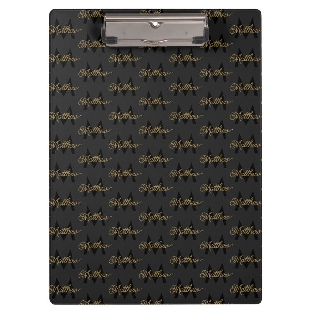  Add Name & Monogram Black & Gold Chic Classy Mens Clipboard (Front)