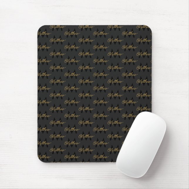  Add Name & Monogram Black & Gold Chic Classy Mens Mouse Mat (With Mouse)