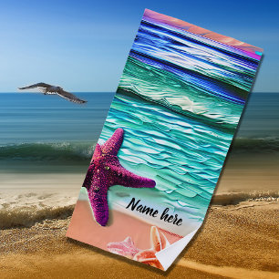 Add Name, Ocean Waves and Purple Star Fish  Beach  Beach Towel