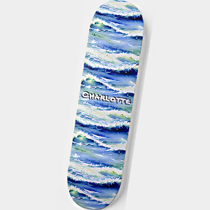 Add Name, Ocean Waves Blue White Skateboard
