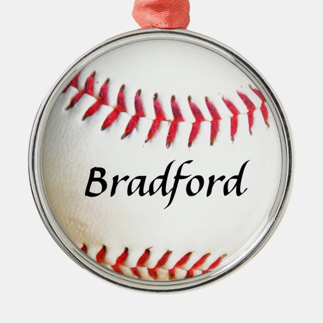 Add Name on White Baseball with Red Stitching Metal Tree Decoration (Front)