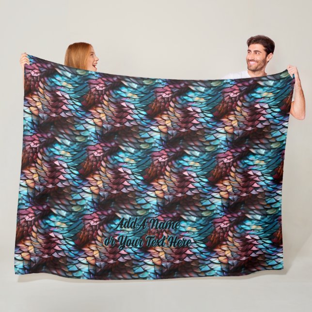 Add Name or Text, Dragon Scales Aqua Blue Crimson  Fleece Blanket (In Situ)