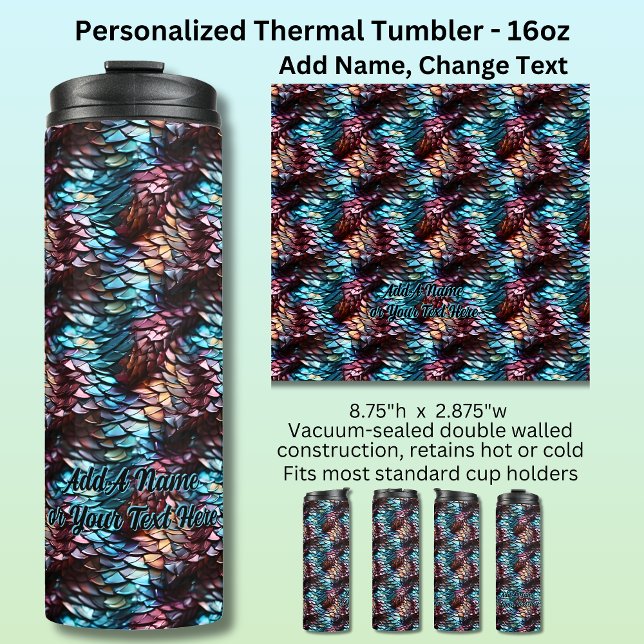 Add Name or Text, Dragon Scales Aqua Blue Crimson  Thermal Tumbler (Creator Uploaded)