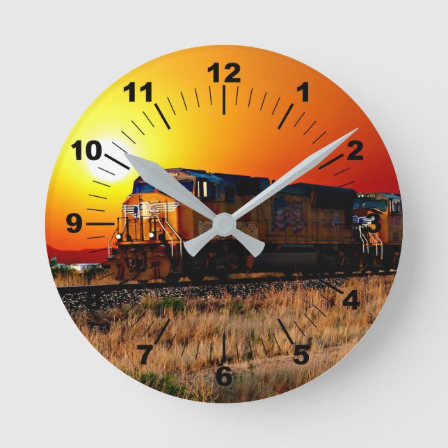 Add Name or Text - Sunset Diesel Locomotive Train Round Clock (Front)