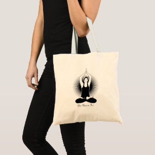 Add Name or Your Text Yoga Lady Pose with Sunburst Tote Bag