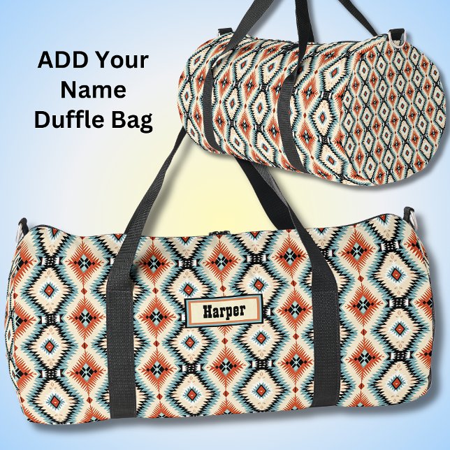 Add Name, Orange Aqua Cream Geometric Western Duffle Bag (Creator Uploaded)