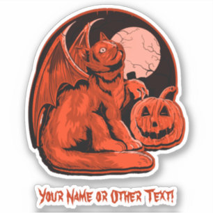Add Name Orange Cat Wings Pumpkin Moon Halloween