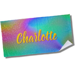 Add Name, Pastel Rainbow Aqua Pink Yellow Swirl Beach Towel