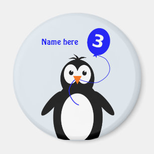 Add name penguin 3rd birthday blue magnet