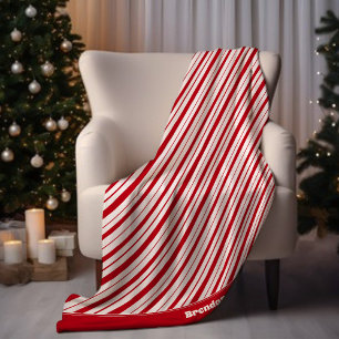 Add Name Peppermint Stripe Classic Fun Christmas Fleece Blanket
