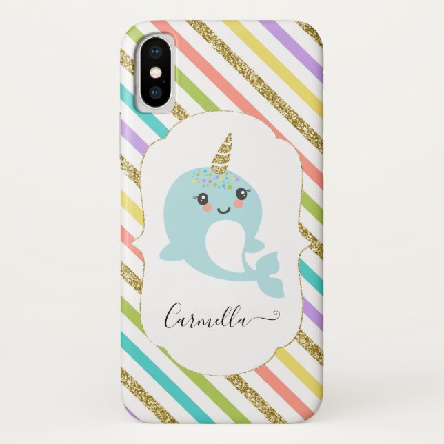 Add Name Personalised Narwhal Rainbow Gold Glitter Case-Mate iPhone Case (Back)