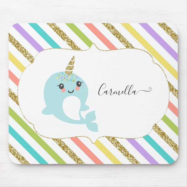 Add Name Personalised Rainbow Narwhal Gold Glitter Mouse Mat (Front)