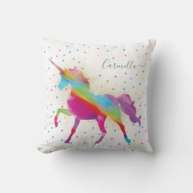 Add Name Personalised Rainbow Unicorn Gold Glitter Cushion (Front)