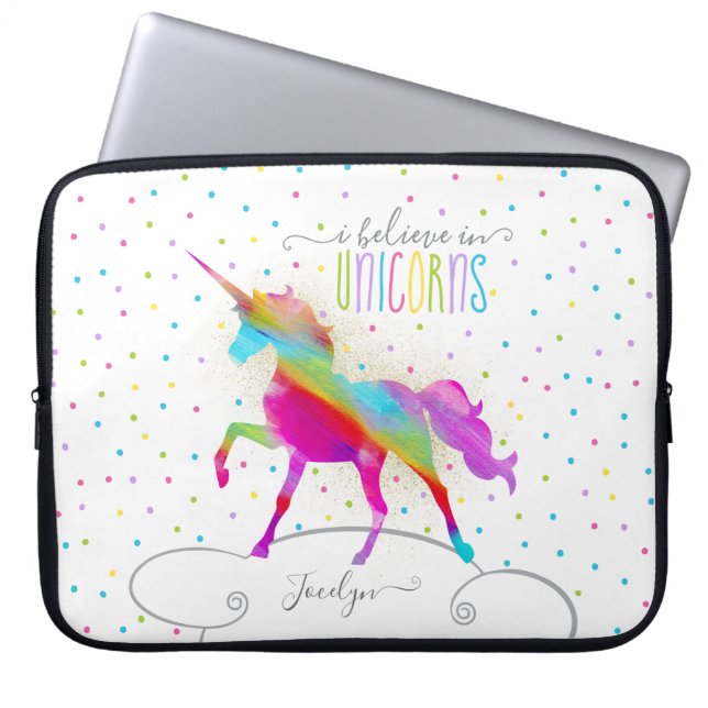 Add Name Personalised Rainbow Unicorn Gold Glitter Laptop Sleeve (Front)