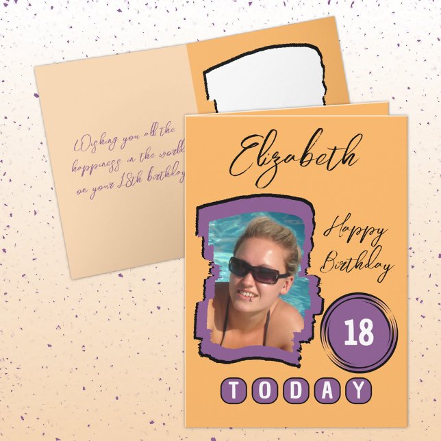 Add name photo orange purple 18th birthday card (Creator Uploaded)
