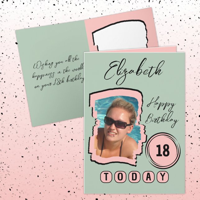 Add name photo pink green 18th birthday card (Creator Uploaded)