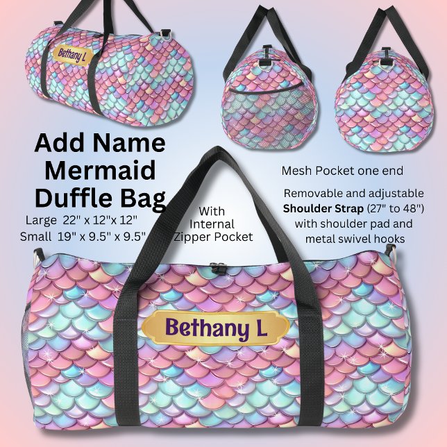 Add Name, Pink Aqua Mermaid Scales with Stars Duffle Bag (Creator Uploaded)