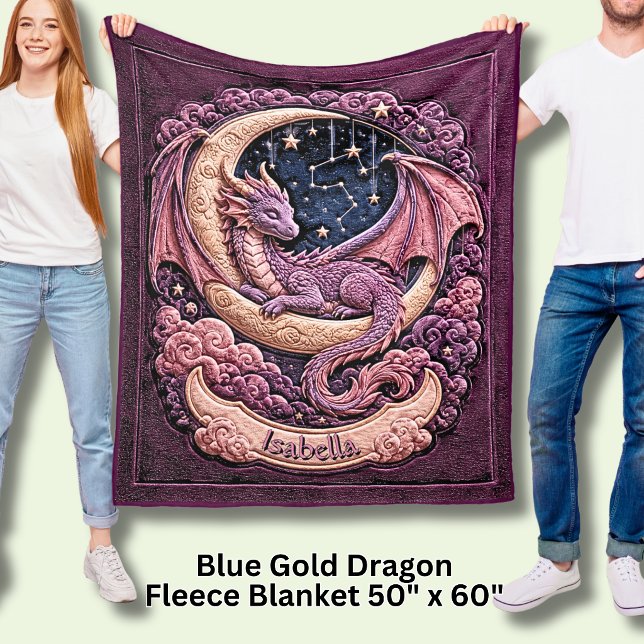 Add Name Pink Dragon Sleeping on Moon Fleece Blanket (Creator Uploaded)