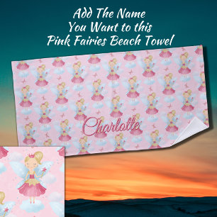 Add Name, Pink Fairy with Wand & Blue Wings Beach Towel
