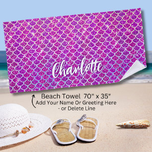 Add Name Pink Mauve Mermaid Scales Beach Towel