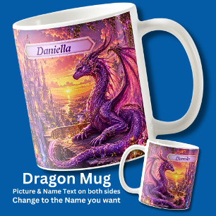 Add Name Pink Purple Dragon Guarding Castle Sunset Coffee Mug