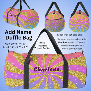 Add Name, Pink Purple Gold Swirl Pop Art Stars Duffle Bag