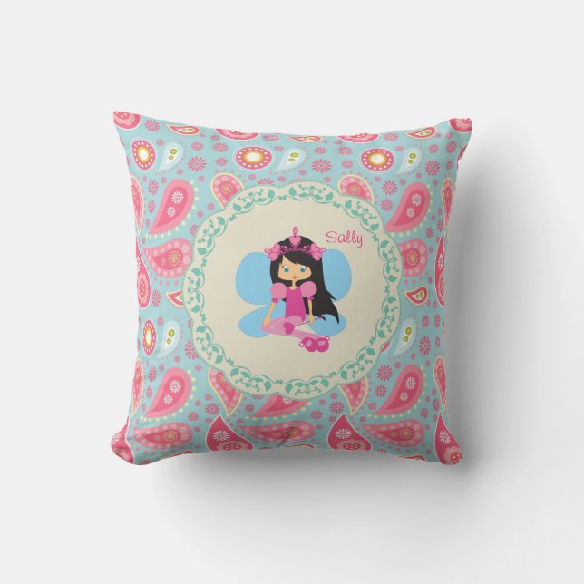 Add name Pretty Fairy pink  paisley child's room Cushion (Front)