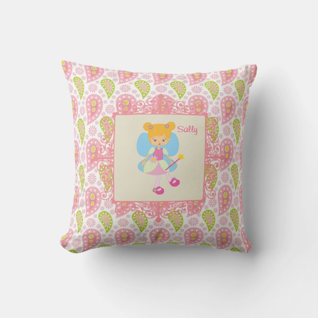 Add name Pretty Fairy pink paisley child's room Cushion (Front)