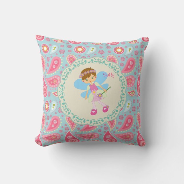 Add name Pretty Fairy pink  paisley child's room Cushion (Front)