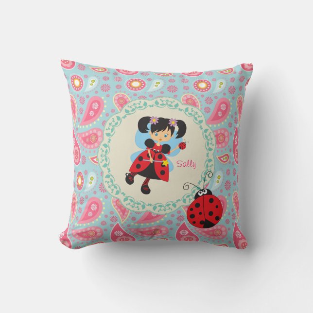 Add name Pretty ladybug Fairy pink  paisley Cushion (Front)