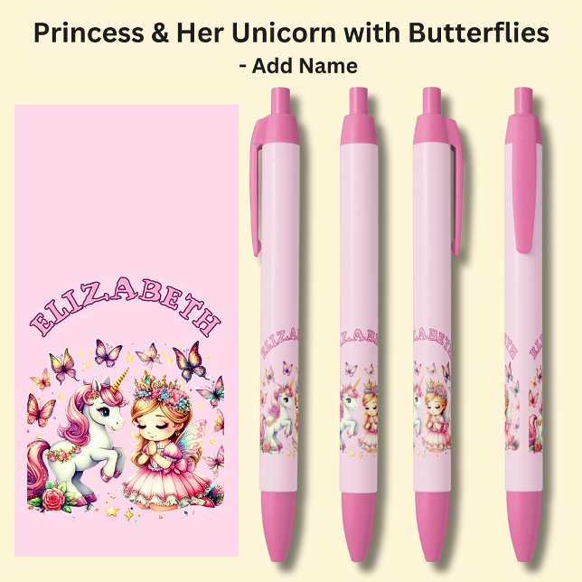 Add Name Princess & Her Unicorn & Butterflies Pink Black Ink Pen (Creator Uploaded)