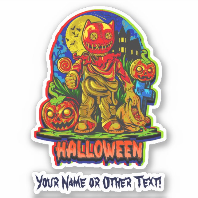Add Name Pumpkin Head Monster Cat Ears Orange Blue (Front)