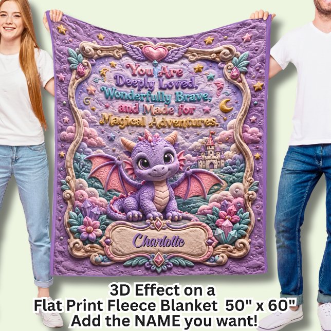 Add Name Purple Baby Dragon 3D Effect  Fleece Blanket (Creator Uploaded)