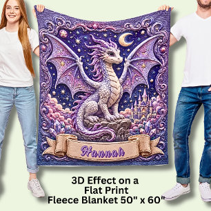 Add Name, Purple Dragon with Castle & Moon Fleece Blanket