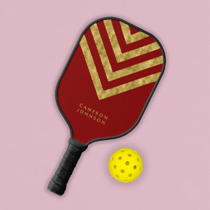 Add Name Red and Faux Gold Chevron Pickleball Paddle