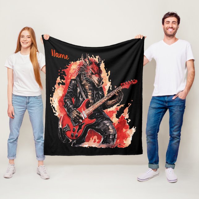Add Name, Red & Black Guitar Dragon Musician  Fleece Blanket (In Situ)
