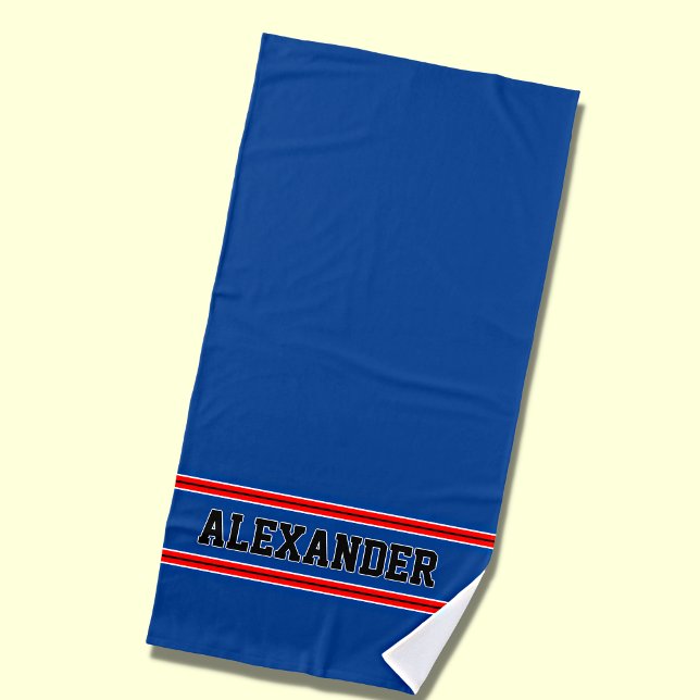 Add Name, Red Blue & White Nautical Stripes   Beach Towel (Creator Uploaded)