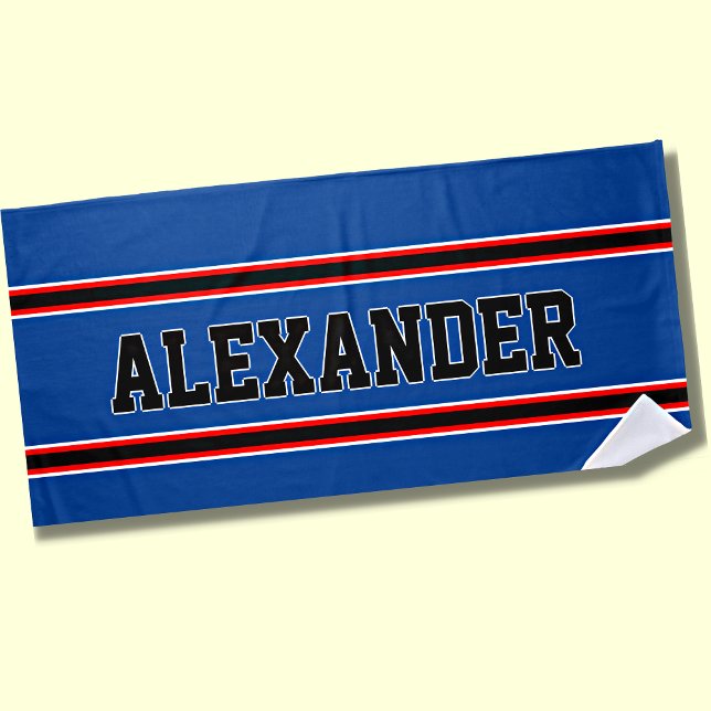 Add Name, Red Blue & White Nautical Stripes  Beach Towel (Creator Uploaded)