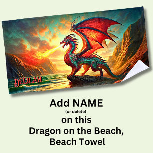 Add Name, Red Fire Breathing Dragon on Cliff, Beach Towel