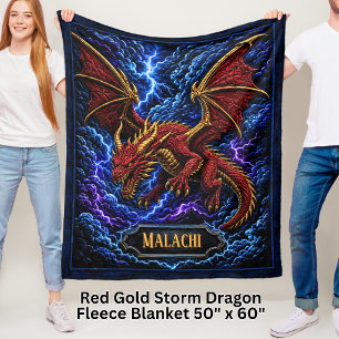 Add Name Red & Gold Storm Dragon with Lightning Fleece Blanket